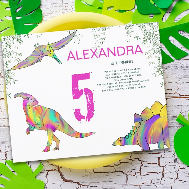 Festa de aniversário cor d'água do dinossauro 5 (Colorful dinosaurs pink 5th birthday budget invitation)