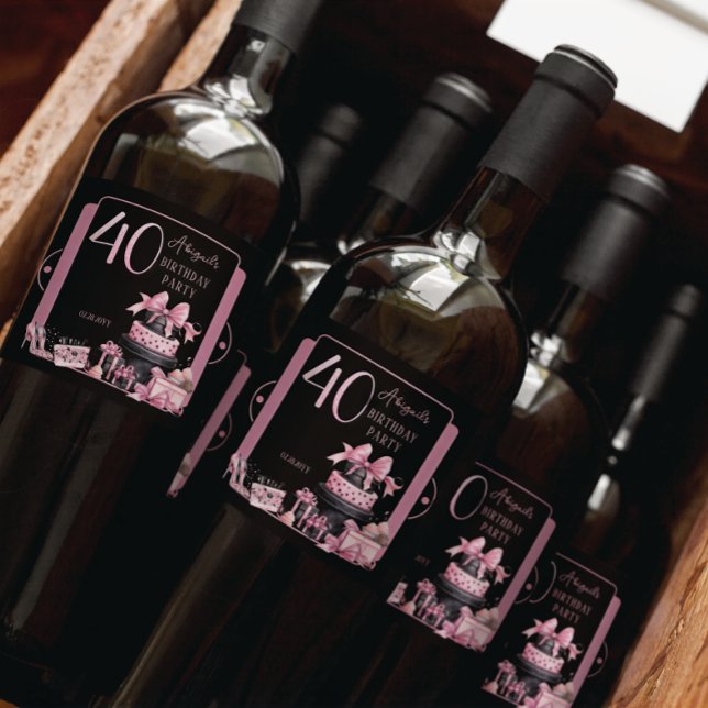 Festa de aniversário de 40 anos de Moda Preta Glam (Glam Pink and Black French Couture Fashion 40th Birthday Party Bottle Labels)