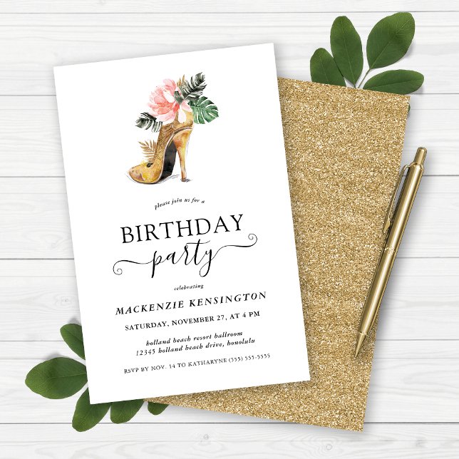 Festa de aniversário de Cabeçalhos Florais Dourado (Budget Gold Glitter Floral High Heels Birthday Party Invitation)