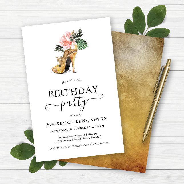 Festa de aniversário de Cabeçalhos Florais Dourado (Budget Elegant Gold Floral Heels Birthday Party Invitation)