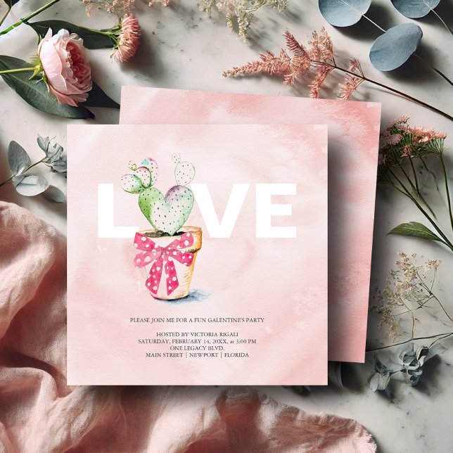 Festa de aniversário de Convites de Galantina de A (Galentines invitations watercolor heart shaped cactus art by Victoria Grigaliunas DoTellABelle)
