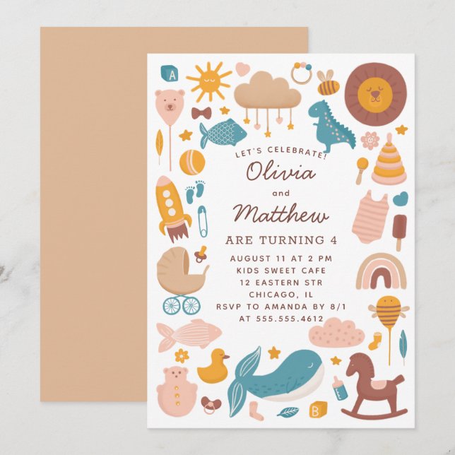 Festa de aniversário de criança gêmeos. Brinquedos (Frente/Verso)