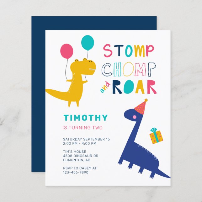 Festa de Aniversário de Dinossauro Bonito e Barato (Frente/Verso)