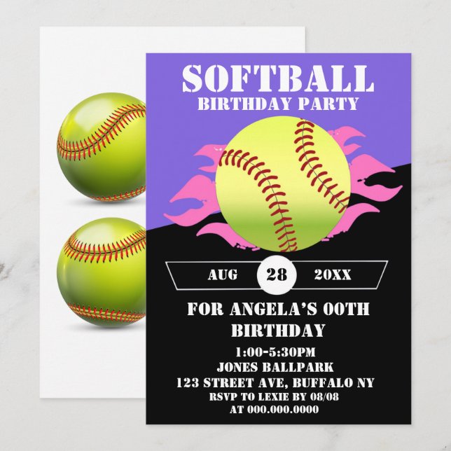 Festa de aniversário de Fogo Rosa de Softball (Frente/Verso)