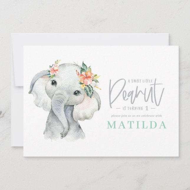 Festa de aniversário de menina elefante de aquarel (Frente)