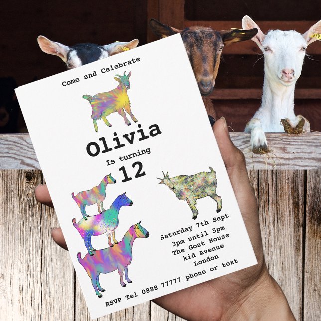 Festa de Aniversário de Meninas Colorida Cabras En (Cute goats colorful farm animal art 12th birthday party budget invitation )