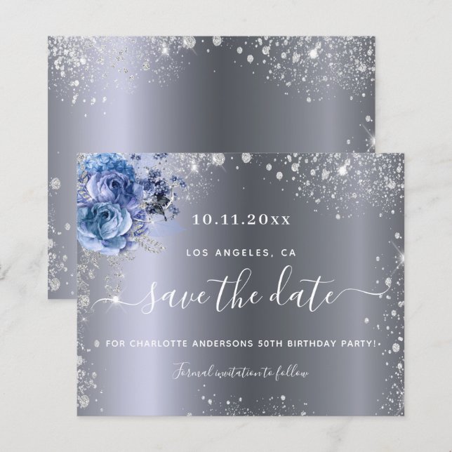 Festa de aniversário de orçamento azul prateado sa (Frente/Verso)