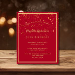 Festa de aniversário de orçamento convite de confe<br><div class="desc">Um cartão de convite de aniversário moderno de 50º (ou qualquer idade) para ele e para ela. Fundo vermelho com uma falso moldura dourada e um sprinkle confetti de ouro,  letras coloridas de ouro. Personalize e adicione as informações de sua parte. Fundo: fundo vermelho com sprinkle confetti.</div>