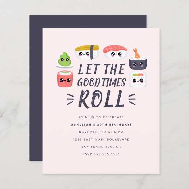 Festa de aniversário de Rolamentos Kawaii Sushi (Frente/Verso)