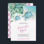 Festa de aniversário de Tartarugas do Mar de Folha<br><div class="desc">Você está planejando uma festa de aniversário com tema de luau? Este encantador convite apresenta o nome da sua filha definido numa tipografia moderna escrita à mão com detalhes do evento numa fonte serif clássica. Uma barqueira da minha tartaruga marinha original e folhas de palmeira monstera em tons de blues,...</div>