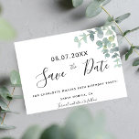 Festa de aniversário eucaluptus greenery salvar a<br><div class="desc">Um moderno Salve a placa para uma festa de aniversário 50th (ou qualquer idade). Um pano de fundo branco chic decorou verde de eucalipto verde, folhas e galhos. Personalize e adicione uma data e nome/idade 50 e o local do local. Letras pretas coloridas. O texto: Salvar a Data é gravado...</div>
