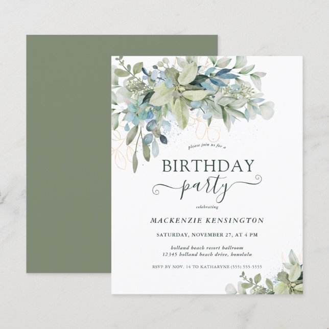 Festa de aniversário Eucalyptus moderna do orçamen (Frente/Verso)