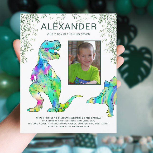 Festa de Aniversário Rugido do Tiranossauro da Sel (Dinosaur T-Rex jungle 7th birthday party invitation with photo template)