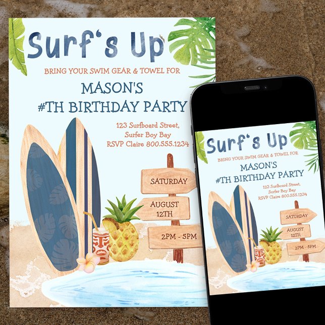 Festa de Aniversário Surfs Up Convite de Prancha d (Criador carregado)