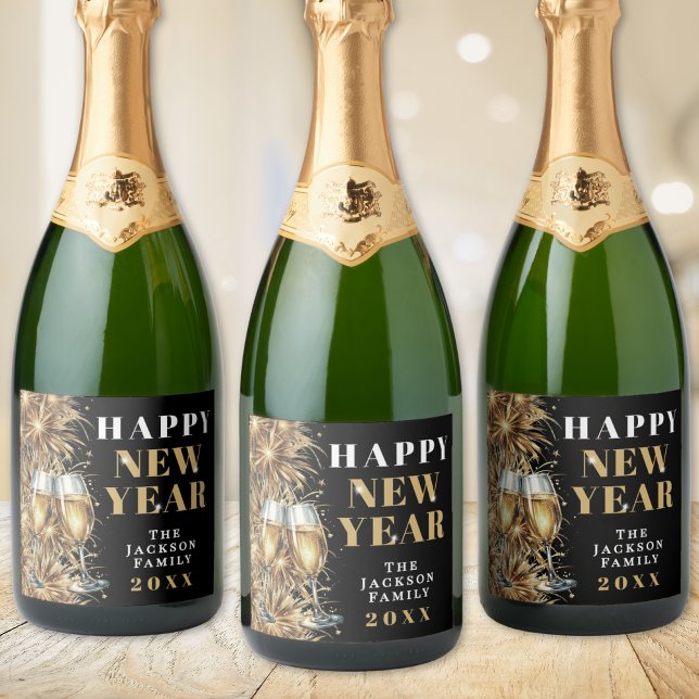 Festa de Ano Novo com Champanhe Dourado (Modern Black Gold Champagne New Year's Eve Party Sparkling Wine Label )