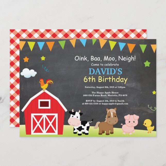 Festa de Barnyard do Convite de Aniversário para F (Frente/Verso)