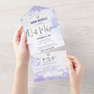 Festa de Bat Mitzvah Roxo Aquarela Prata Script
