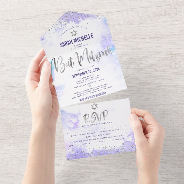 Festa de Bat Mitzvah Roxo Aquarela Prata Script (Aba destacável)