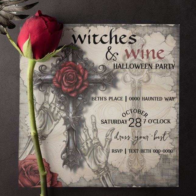 Festa de Bruxas e Vinho de Halloween (Halloween party witches and wine with celtic cross and red rose Victorian style and customizable. )