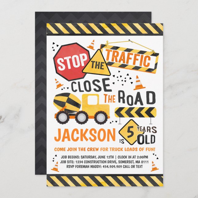 Festa de Carro de Convite de Aniversário de Constr (Frente/Verso)