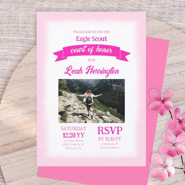 Festa de Cerimônia de Honra da Corte do Escoteiro  (Pink Eagle Scout Court of Honor Ceremony Party Invitation, Pink Scouting Achievement Celebration)