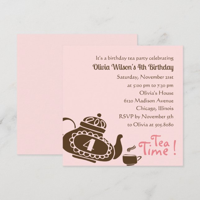 Festa de Chá - Convite de Aniversário para Raparig (Frente/Verso)