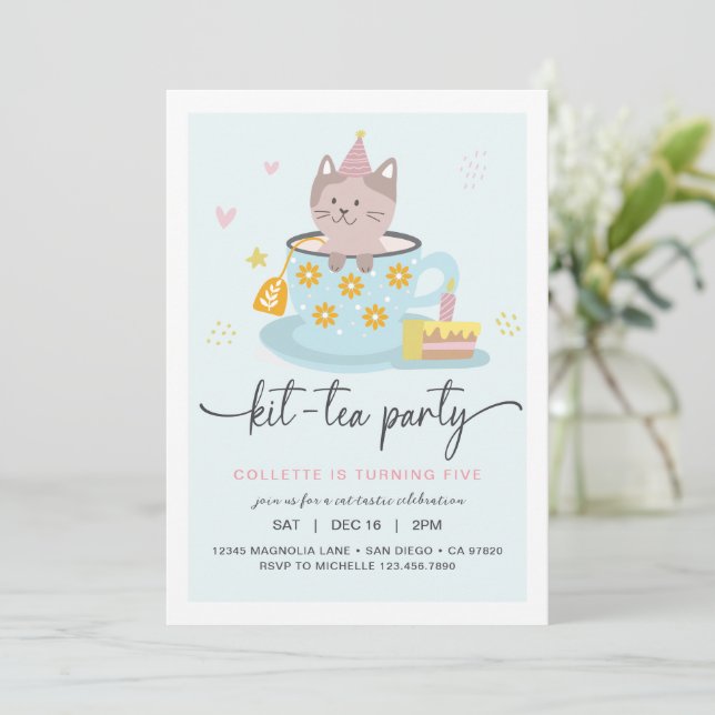 Festa de Chá de Gato | Convite para Kit-Tea Party (Em pé/Frente)