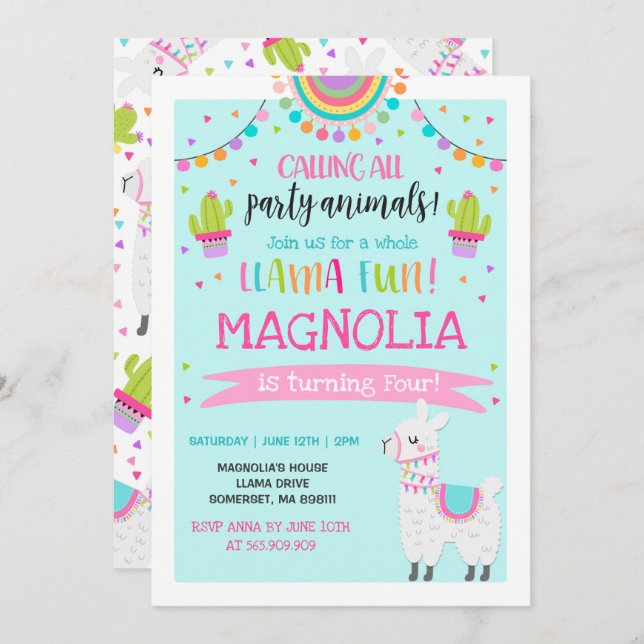 Festa de Diversão do Llama Birthday com Convite à  (Frente/Verso)