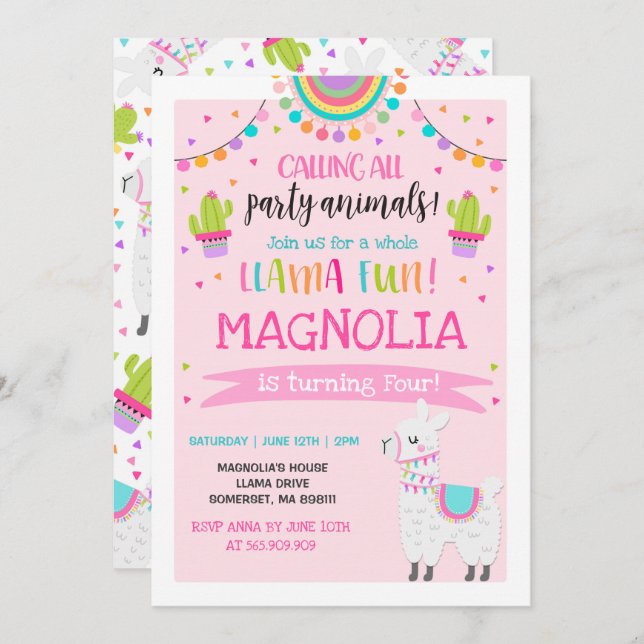 Festa de Diversão do Llama Birthday com Convite à  (Frente/Verso)