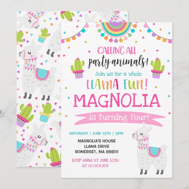 Festa de Diversão do Llama Birthday com Convite à  (Frente/Verso)
