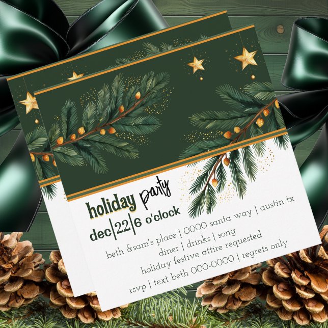 Festa de Férias Verdes e Dourada Festa de Estrelas (Festive Holiday Party invitation with holiday tree branches and gold Christmas stars )
