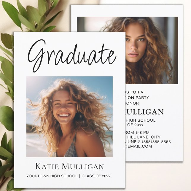 Festa de Formatura 2 Foto Branco Graduação  (Graduation party invitation with 2 photos, printed on both sides.)