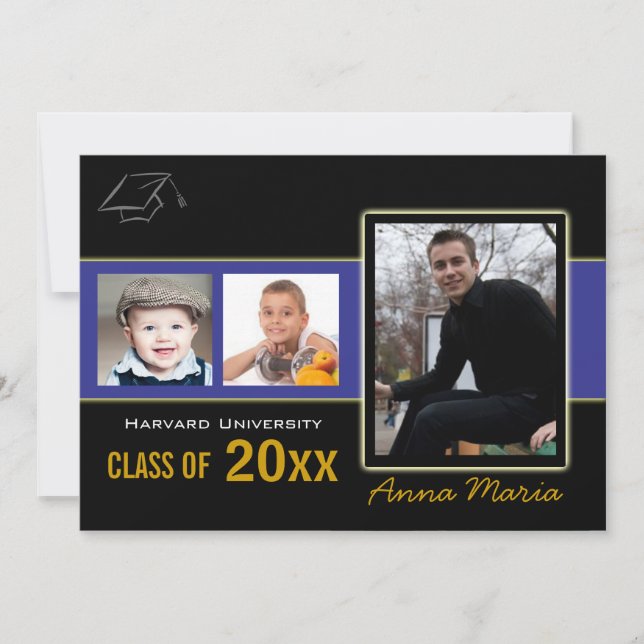 Festa de formatura 3 Fotografias azul Convite (Frente)