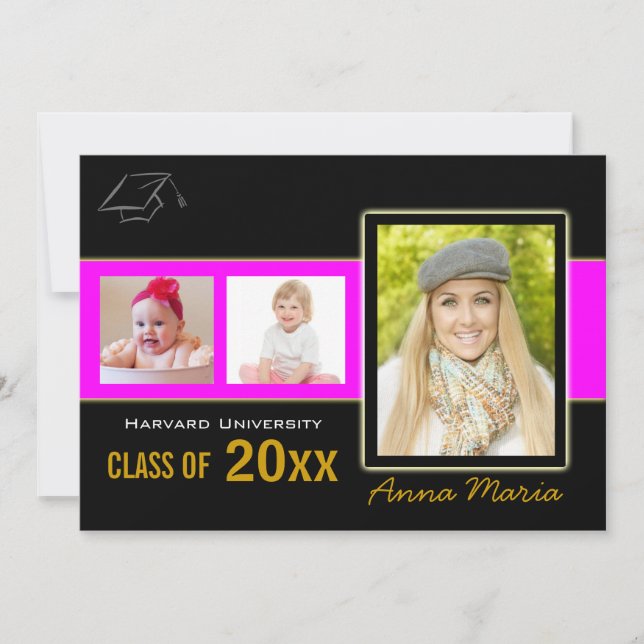 Festa de formatura 3 Fotografias rosa Convite (Frente)