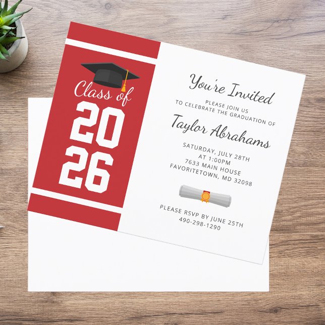 Festa de Formatura Convite de Formatura Vermelho B (Graduation 2025 White Red Bold Party Invitation)