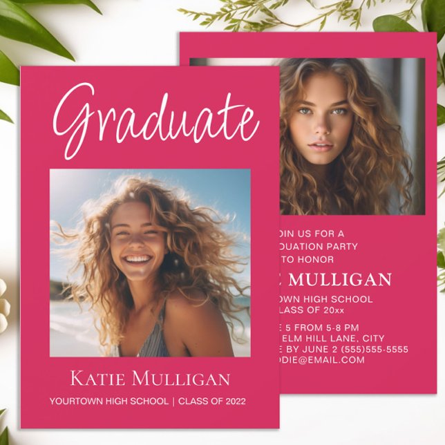 Festa de Formatura Rosa 2 Foto Graduação  (Hot pink 2-photo graduation party invitation)