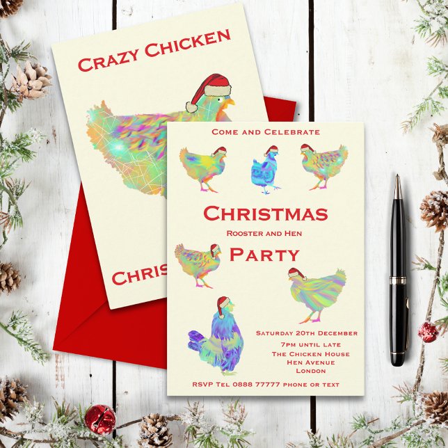 Festa de Galo de Natal e Hen (Rooster and hen themed christmas party invitation with cute colorful chickens wearing Santa hats)