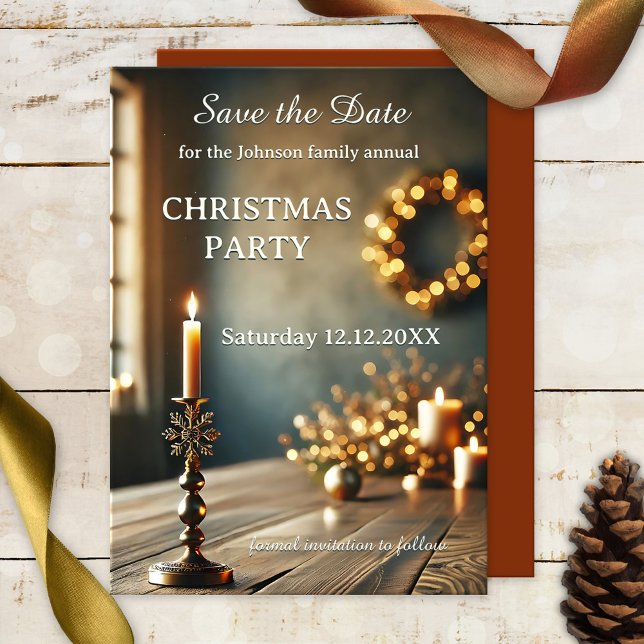 Festa de Natal Anual Salve o Cartão de Data (Christmas Holiday party Save the Date card featuring a rustic table with candles and sparkling light)