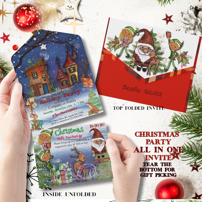 Festa de Natal Caprichosa & Troca de Presentes (Whimsical Christmas Party & Gift Exchange All In One Invitation)