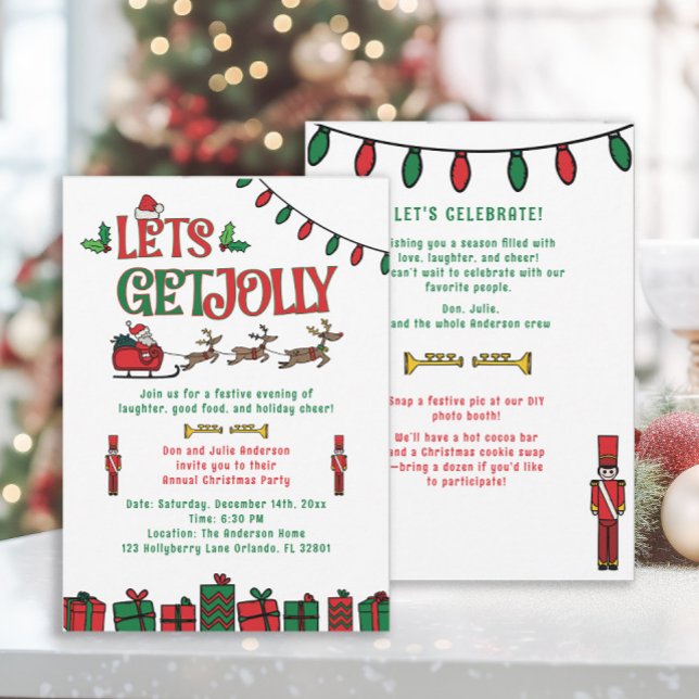 Festa de Natal Caprichosa Vermelha Verde Rena  (2-sided retro-style Christmas party invitation)