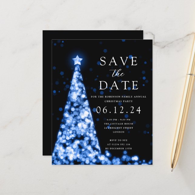 Festa De Natal Salve A Árvore De Data Blue Invite (Frente/Verso In Situ)