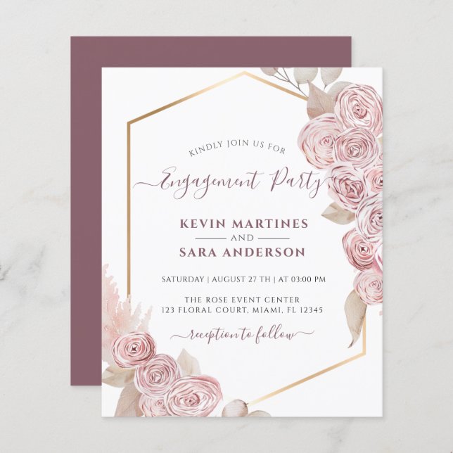 Festa de noivado Boêmia Rosa Floral (Frente/Verso)