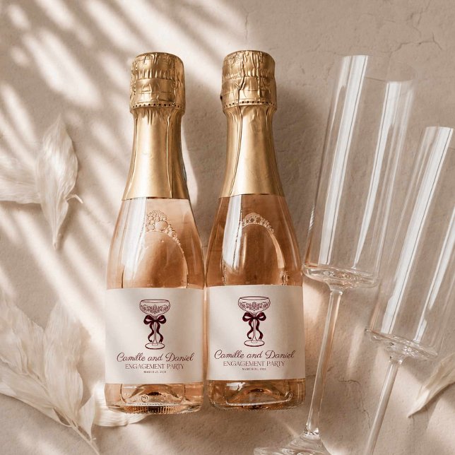 Festa de Noivado com Champanhe Borgonha (Bows and Bubbly Burgundy Engagement Party Mini Champagne bottle labels)