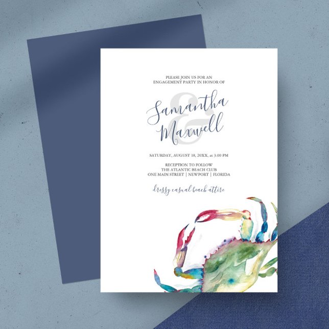 Festa de noivado de caranguejo Costeiro de Aquarel (Engagement party invitations watercolor crab art by Victoria Grigaliunas)