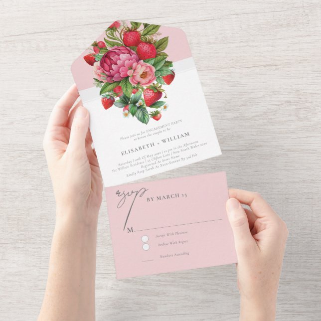 Festa de noivado de Morango e Peonias Rsvp (Aba destacável)