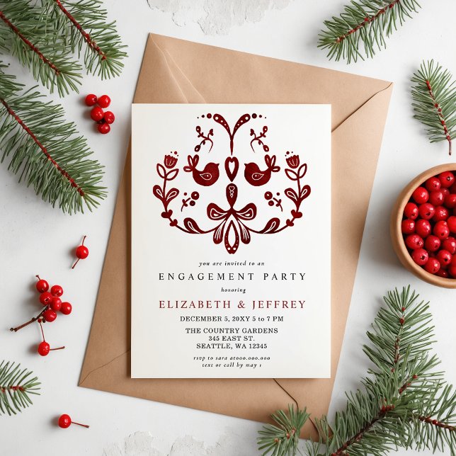 Festa de noivado de Natal para Pássaros Nórdicos (Nordic Birds Christmas Engagement Party Invitation)