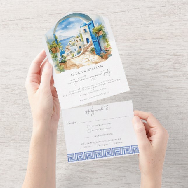 Festa de noivado Santorini Grécia com Rsvp (Aba destacável)