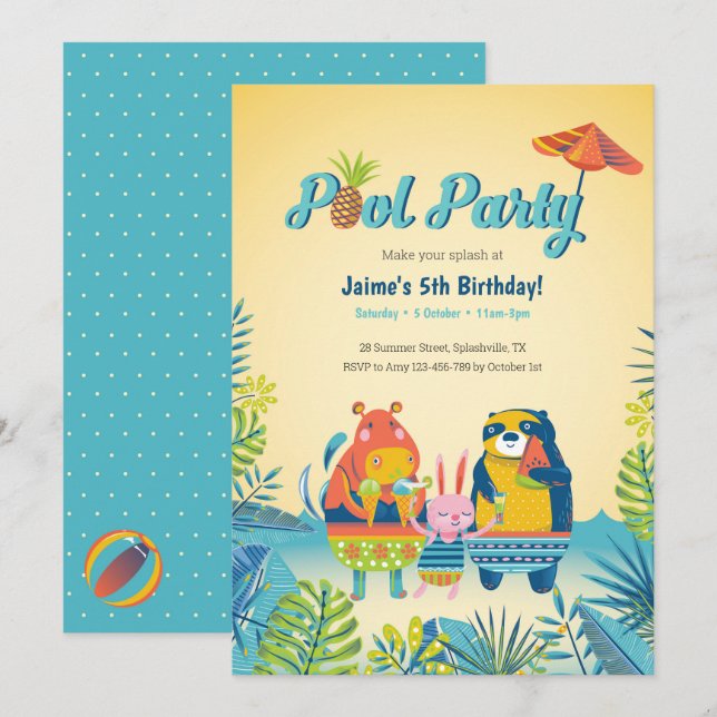 Festa de Piscina de Animais Cachinhos Convite de A (Frente/Verso)