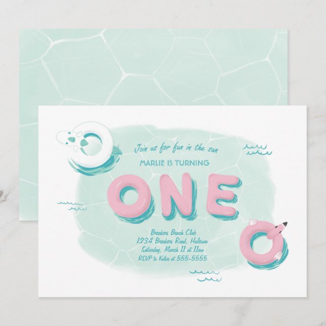 Festa de Piscina Flamingo Primeiro Convite de Aniv (Frente/Verso)