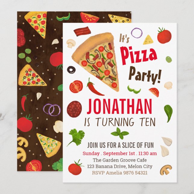 Festa de pizza| Convite de aniversário (Frente/Verso)